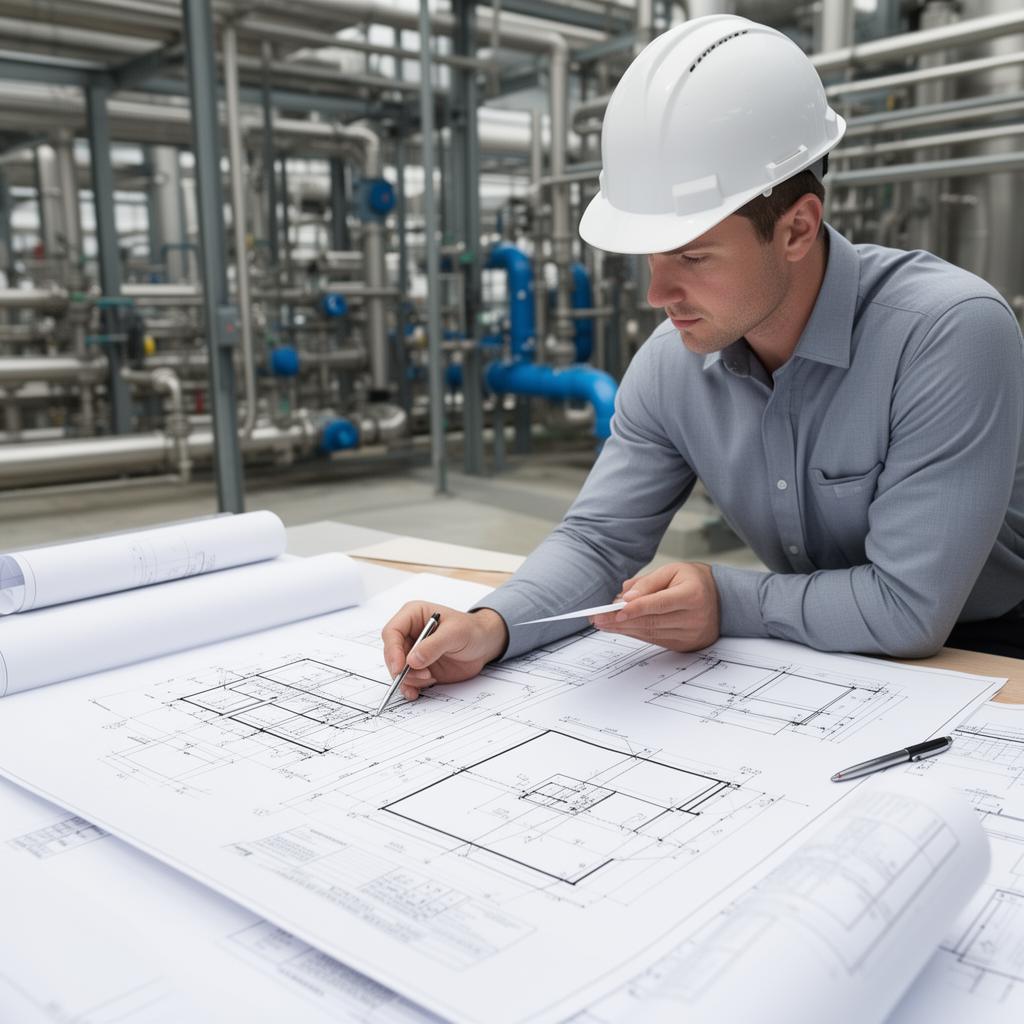 Engenheiro analisando plantas técnicas industriais